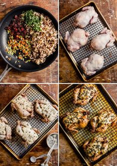 four pictures showing different stages of cooking chicken and other foods on a baking sheet, including rice, meats, and vegetables