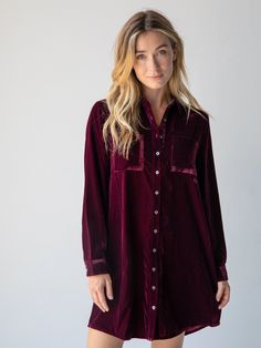 Rocky Velvet Shirt Dress - Cranberry Velvet Shirt Dress, Beautiful Boho Dresses, Stylish Jumpsuit, Effortless Outfit, Velvet Shirt, Creative Stuff, Fun Pants, Comfy Dresses, How To Make Clothes