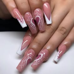 The latest nail style trend to hit Instagram is a creative way to celebrate the season. Users are uploading images of nails painted to look like the knit sweaters that are perfect for this time of the year.  . Spiderweb Heart Nails, Heart Spider Web Nails, Pink Spiderweb Nails, Nails Homecoming, Homecoming Nails Acrylic, Grunge Nails, Dope Nail Designs