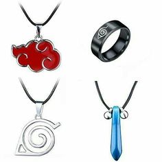 three necklaces with different designs on them, one is red and the other is blue