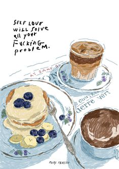 two plates with pancakes and blueberries on them, one has a cup of coffee