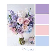 a bouquet of flowers sitting on top of a table next to a color swatch