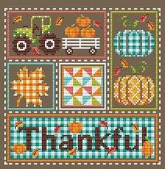 a cross stitch pattern with the words thanks and pumpkins in different colors on it