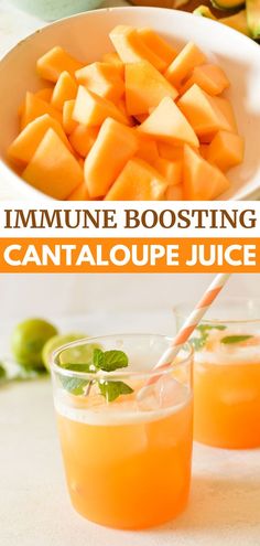 a bowl of cantaloupe, two glasses of cantaloupe juice Juicing Recipes With Cantaloupe, Cantaloupe Juicing Recipes, Honeydew Juicing Recipes, Juicing Cantaloupe Recipes, Cantelope Smoothie Recipes, Vitamin C Juice Recipes, Recipes With Cantaloupe, Cantelope Melon Recipes, Honeydew Juice Recipe