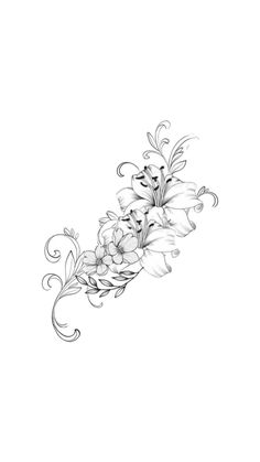 a black and white drawing of flowers on a white background