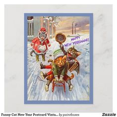 an old fashioned christmas card with cats on sled