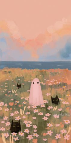 two black cats are in a field with white daisies and one has a ghost