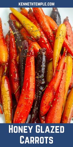 honey glazed carrots on a white plate with text overlay that reads honey glazed carrots