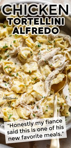 chicken tortelli alfredo in a white bowl with a spoon