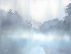 an image of foggy water with trees in the background