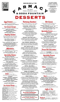 the menu for an eatery restaurant with red and black lettering on it, including information about