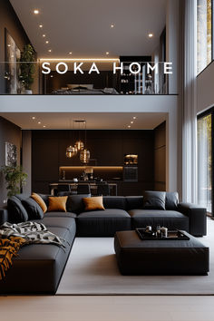 a living room filled with lots of furniture next to a tall glass wall that reads soka home