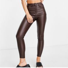 Asos Stradivarius Brown Faux Leather Pants. Size 4 But Has A Ton Of Stretch! Almost Like Legging Material, But It Has Four Real Pockets And A Zipper Fly With Top Button Closure. Brand New, Never Worn! Trendy High Rise Leather Pants For Spring, Chic High Rise Brown Bottoms, Brown Faux Leather Pants, Brown Leather Pants, Faux Leather Pants, Pant Jumpsuit, Brown Leather, Leather Pants, Asos