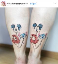 two disney tattoos on both legs with mickey mouse and minnie mouse heads in the middle