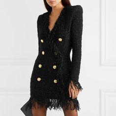 Fringed Dress with Gold Check Blazer Dress K680 - Designer Runway, Tassel Dress, Winter Design, Runway Trends, Blazer Dress, Coat Dress, Stunning Dresses, Look Fashion, Cotton Dresses