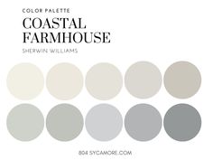 the color palette for coastal farmhouse is shown in shades of gray, white and grey