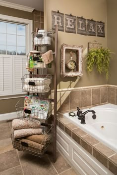 a bathroom with a shelf filled with towels and other items in it's corner