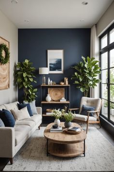 a living room with blue walls and furniture