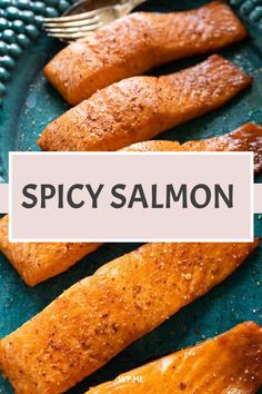 spicy salmon on a blue plate with a fork and spoon next to it that says spicy salmon