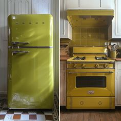 two pictures of a yellow refrigerator and stove in a kitchen with white cabinets on either side