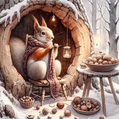 a painting of a squirrel sitting in a hole with nuts on the ground and lights hanging from it