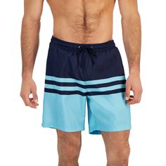 in stock Blue Nylon Athletic Shorts For Beach, Sporty Navy Swim Trunks For Pool, Summer Striped Color Block Swimwear, Sporty Blue Athletic Shorts For Poolside, Blue Nylon Athletic Shorts For Swimming, Blue Sporty Athletic Shorts For The Beach, Navy Athletic Shorts For Summer Beach Activities, Striped Color Block Swimwear For Vacation, Sporty Navy Swim Trunks For Beach Season