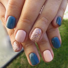 Blue rose gold glitter and nude Nail Color Combinations, Winter Nails Gel, Nail Design Glitter, Gel Colors, Pink Nail Designs, Nails Gel, Cute Nail Designs