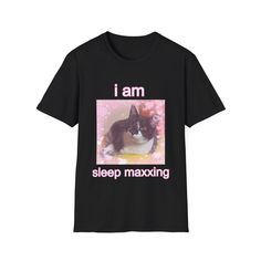 Cute eepy cat with "i am sleep maxxing" text. Great for a coquette, plastic core, and lobotomy core look.  The unisex soft-style t-shirt puts a new spin on casual comfort. Made from very soft materials, this tee is 100% cotton for solid colors. Heather colors and sports grey include polyester. The shoulders have twill tape for improved durability. There are no side seams. The collar is made with ribbed knitting to prevent curling damage.  .: Made with 100% ring-spun cotton, a lightweight fabric Black Short Sleeve Sleep T-shirt, Short Sleeve Sleep T-shirt With Graphic Print, Short Sleeve Graphic Print Sleep T-shirt, Short Sleeve Letter Print Sleep T-shirt, Eepy Cat, Lobotomy Core, Style T Shirt, Unisex Style, Cat Tshirt