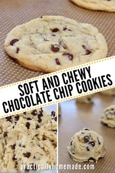 soft and chewy chocolate chip cookies on a baking sheet with text overlay that reads, soft and chewy chocolate chip cookies