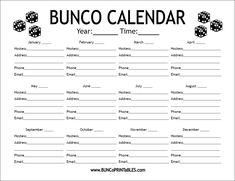 a printable bunco calendar with dices on it