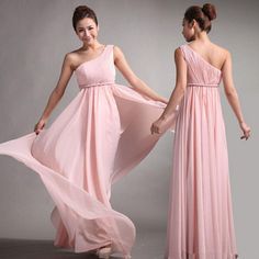 the woman is wearing a pink dress with one shoulder and two different ways to wear it