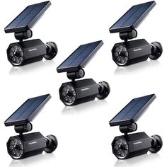 four security cameras with solar panels on the top and bottom, all in different positions