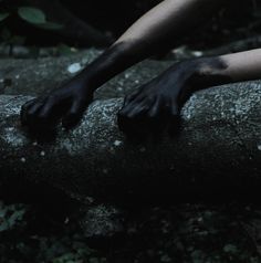 a person's hands resting on a log in the woods at night with dark lighting