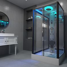 a bathroom with a walk in shower next to a white sink and mirror on the wall