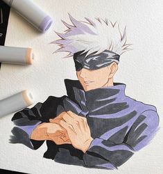 a drawing of an anime character with white hair and black clothes, holding his hands on his chest