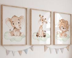 three framed pictures with animals hanging on the wall