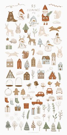 a poster with many different types of animals and trees in the shape of houses, cars,