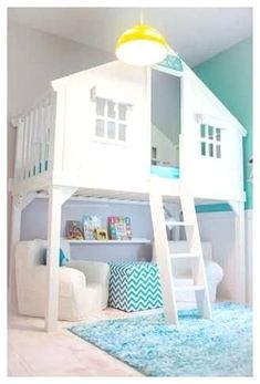 a child's bedroom with a white bunk bed and blue carpet