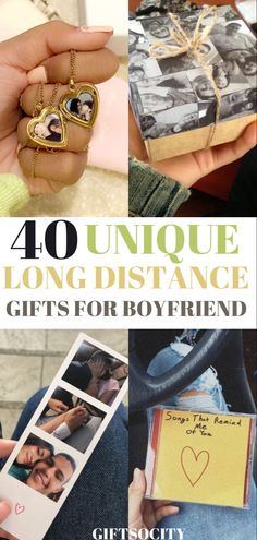 four different pictures with the words 40 unique long distance gifts for boyfriend and girlfriend on them