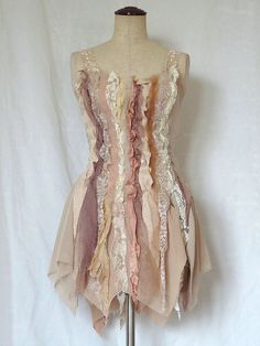 Boho Hippie Bohemian Gypsy Fairy Tale Fae Ocean Beach Seashell Pearl Cream Tan Pink Tattered Strip Patch Work Stretchy Dress (Custom Order) Nature Fairy Dress, Patch Work Dress Fashion, White Hippie Dress Short, Patch Work Dresses, Patch Work Dress, Upcycle Dress, Strip Dress, Dress Event, Upcycled Dress