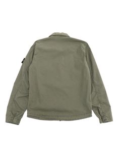 Military green denim jacket with classic collar, front zip, front pocket, logo plate on the sleeve.Composition: 97% COTTON 3% ELASTANE Military Style Cotton Utility Jacket, Green Military Utility Jacket For Streetwear, Military Style Cotton Utility Jacket With Button Closure, Stone Island Kids, Cotton Military Utility Jacket, Military Utility Jacket With Patch Pockets For Outdoor, Green Denim Jacket, Stone Island Junior, Pocket Logo