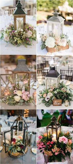 several pictures of different types of flowers and lanterns on display at an outdoor wedding reception