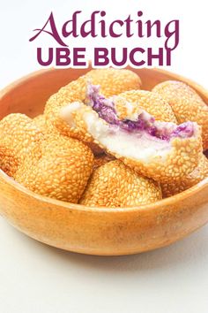 some ube buchi served in a wooden bowl Glutinous Rice Balls, Ube Recipes