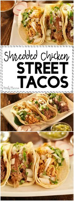 shredded chicken street tacos on a white plate