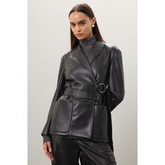 Black faux leather (95% Polyester, 5% Spandex). Jacket. Long sleeves. Collar. Tie closure. 29" from shoulder to hemline. Imported. Fitted Faux Leather Belted Outerwear, Winter Office Leather Jacket With Belt, Sleek Winter Leather Jacket For Office, Sleek Winter Biker Jacket For Office, Sleek Winter Biker Jacket, Fitted Belted Leather Jacket For Office, Winter Workwear Faux Leather Jacket, Formal Fitted Belted Leather Jacket, Belted Faux Leather Outerwear For Work