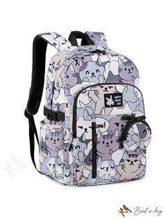 BirdinBag - Classic Adjustable Backpack with Cartoon Cat Pattern - Ideal for Preppy Style Student Backpack With Cat Design, Rectangular Backpack With Cat Design For Back To School, School Backpack With Cat Design, Rectangular Cat Design Backpack For Back To School, Back To School Rectangular Backpack With Cat Design, Cat Design School Backpack, Trendy Cat Design Backpack, Travel Bag With Cat Design For Back To School, Travel Bags With Cat Design For Back To School