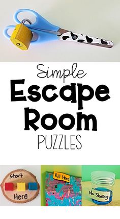 A locked pair of scissors, a "Start Here" and "Pull Here" clue are shown.  Also a cup with "No shaking" printed on it. Escape Room Clock Puzzle, Escape Room Puzzles For Kids, Straw Crafts, Birthday Things, Problem Solving Activities