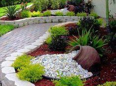 a garden with lots of plants and rocks