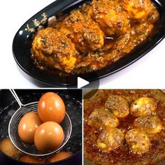 four pictures show different types of food including eggs, meatballs and sauces in pans