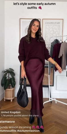 Cranberry Skirt Outfit, Burgundy Slip Skirt, Maroon Velvet Skirt Outfit, Satin Burgundy Skirt Outfit, Plus Silk Skirt Outfit, Burnt Orange Silk Skirt Outfit, Dark Brown Satin Skirt Outfit, Monochromatic Silk Skirt Outfit